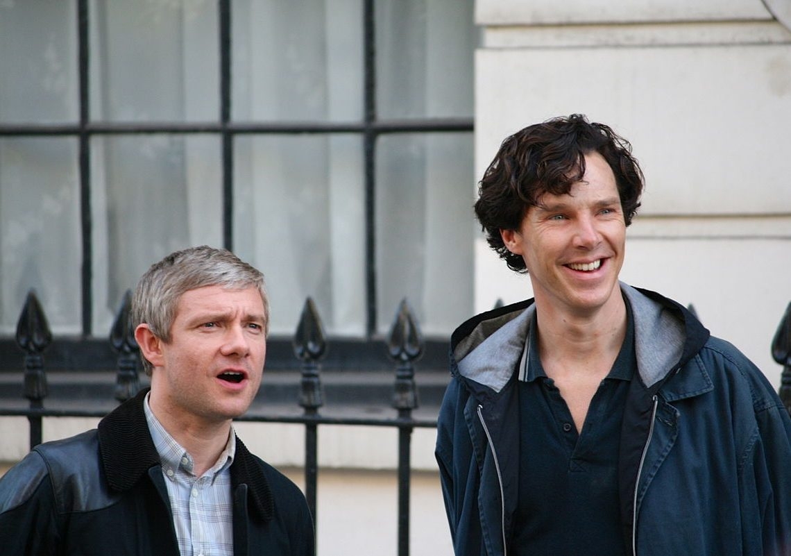 Benedict Cumberbatch and Martin Freeman while filming Sherlock