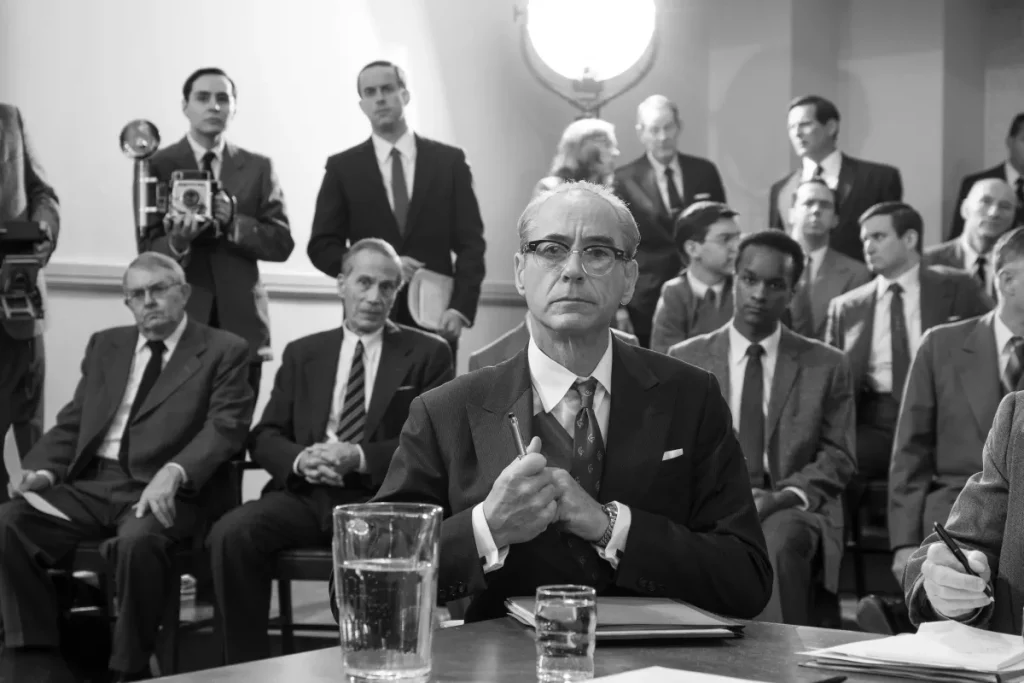 Snapshot from Christopher Nolan's Oppenheimer movie showing Robert Downey Jr. as Lewis Strauss