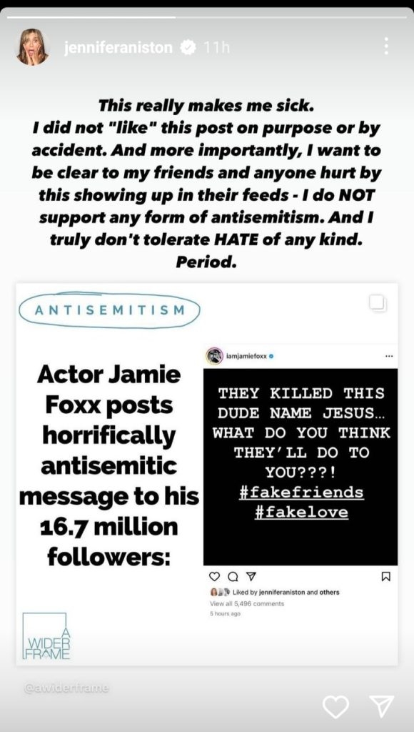 Jennifer Aniston clarifies liking Jamie Foxx's post
