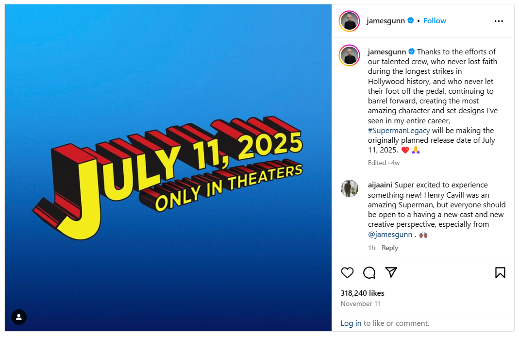 James Gunn's post shared on his Instagram