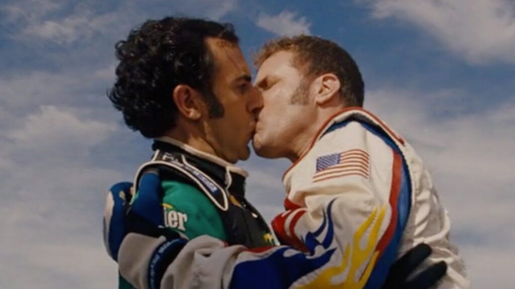 Sacha Baron Cohen and Will Ferrell kissing in a scene from Talladega Nights: The Ballad of Ricky Bobby