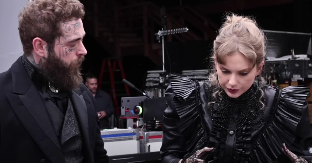 Post Malone and Taylor Swift during Fortnight shoot