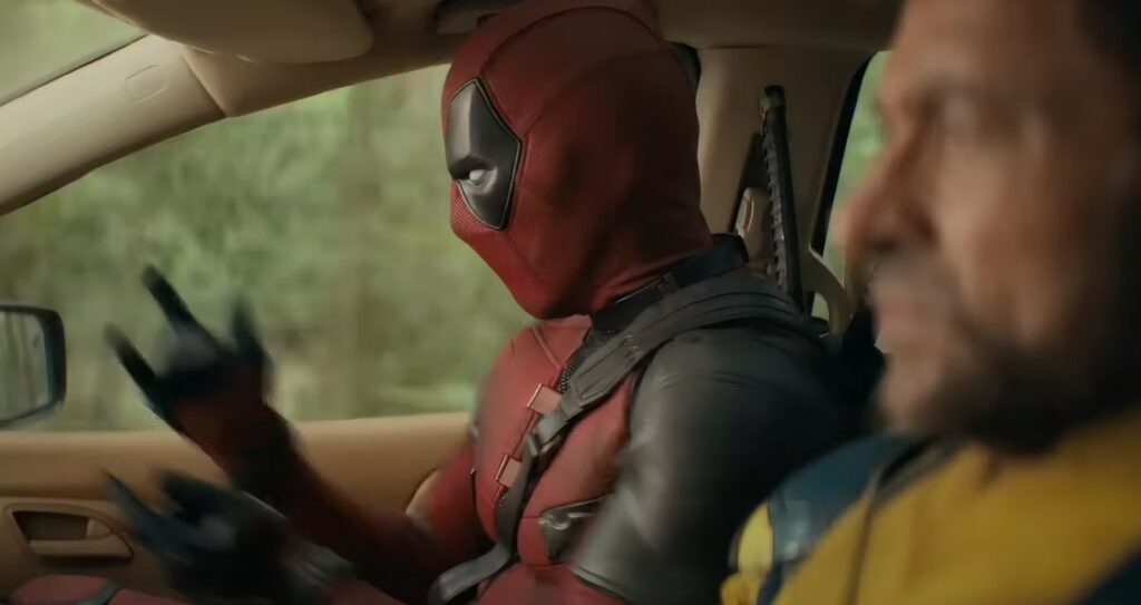 Deadpool and Wolverine in the Honda Odyssey in a still from Deadpool & Wolverine