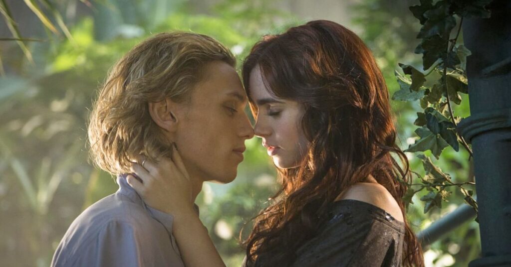 Jamie Campbell Bower and Lily Collins in The Mortal Instruments: City of Bones