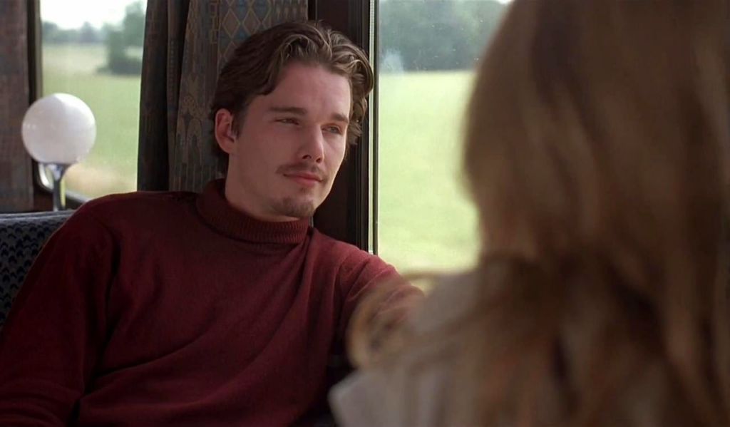 A smiling Ethan Hawke in Before Sunrise