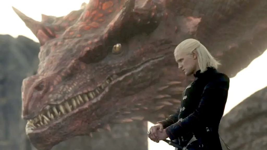 Matt Smith as Daemon Targaryen with his dragon Caraxes in House of the Dragon