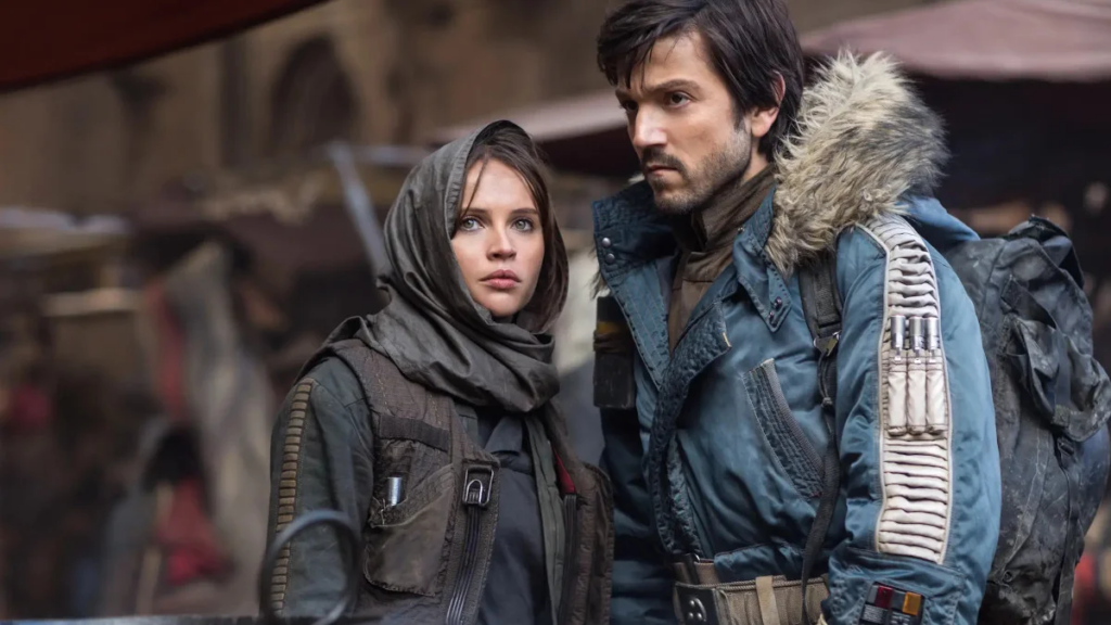 Diego Luna as Cassian Andor and Felicity Jones in Rogue One: A star Wars Story