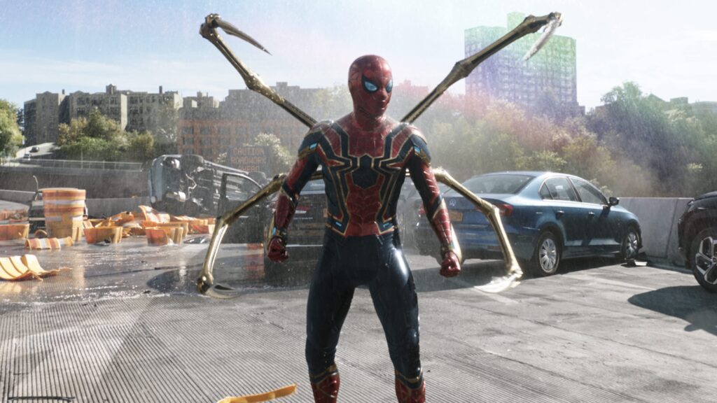 Tom Holland with the Iron Spider suit in a still from Spider-Man: No Way Home