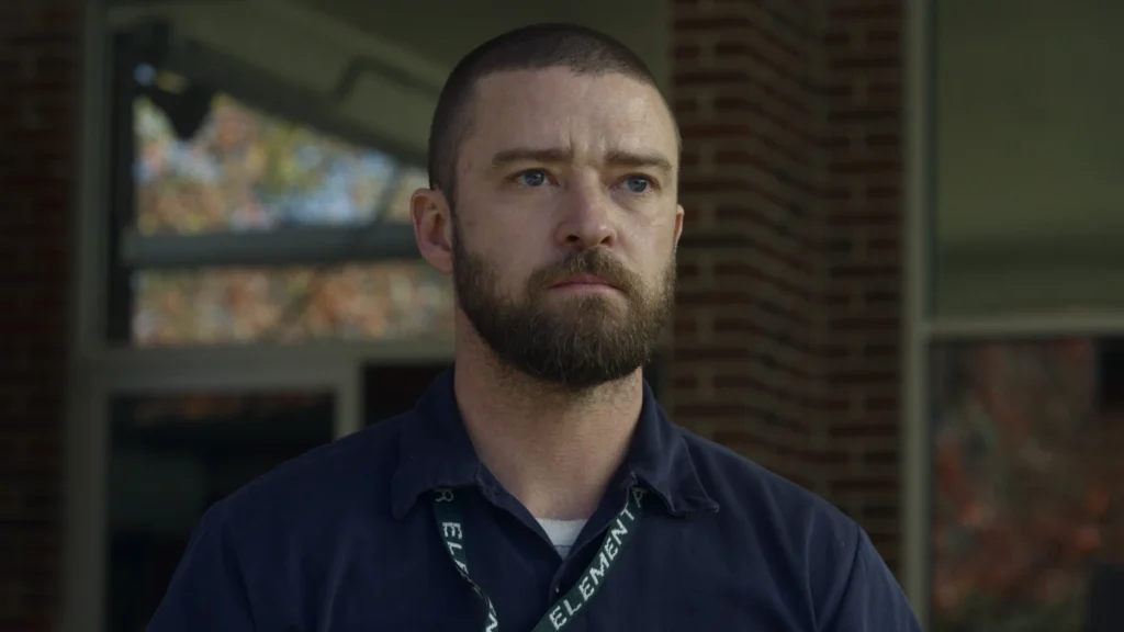 A series-looking Justin Timberlake in a still from Palmer