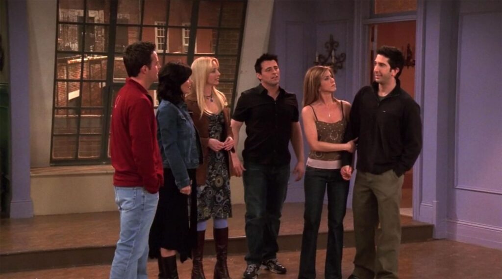 The cast of Friends including Jennifer Aniston in the finale