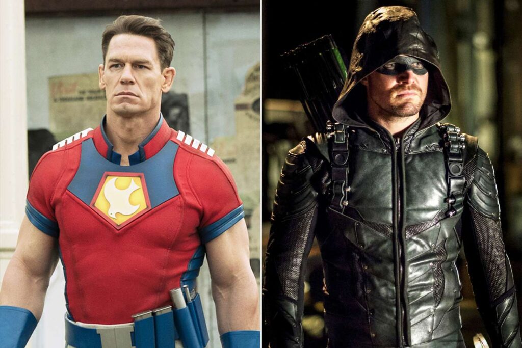 John Cena as Peacemaker in the titular show and Stephen Amell as Green Arrow in Arrow 