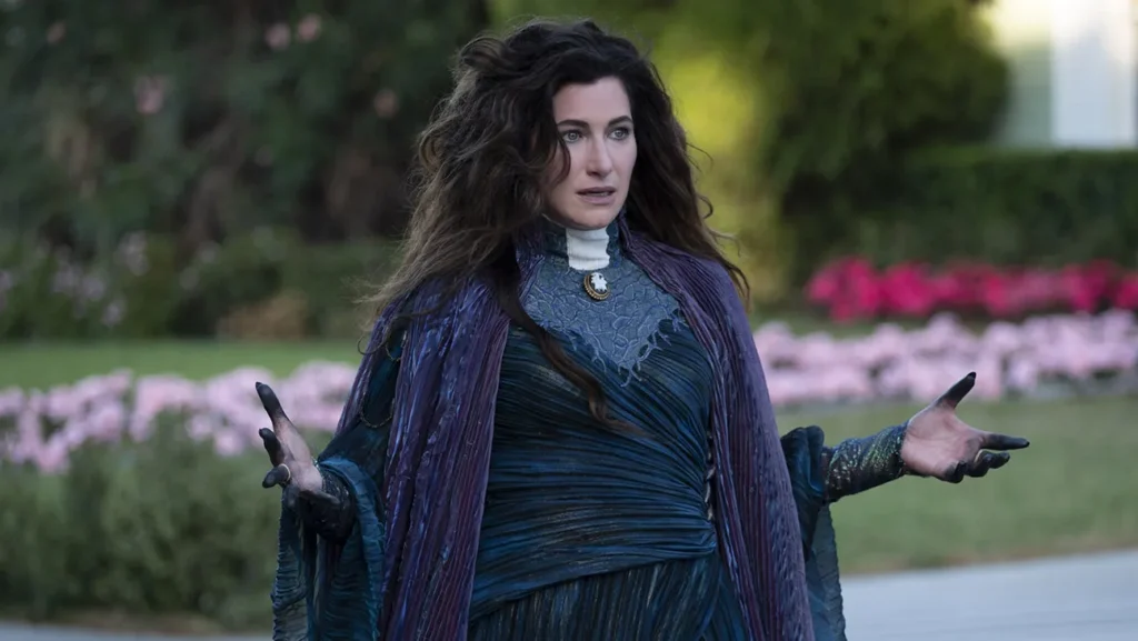 Kathryn Hahn in costume as Agatha Harkness in WandaVision