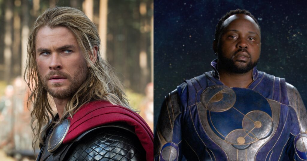 Chris Hemsworth as Thor in Thor: The Dark World and Brian Tyree Henry as Phastos in Eternals