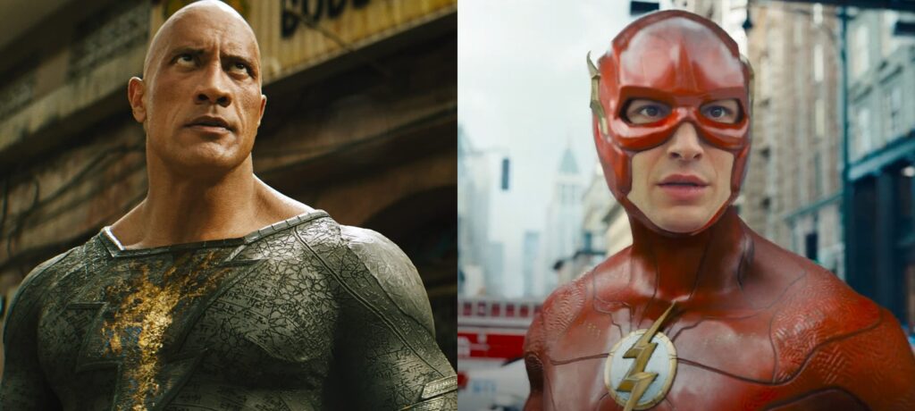 Dwayne Johnson as titular character in Black Adam and Ezra Miller as the titular character in The Flash 