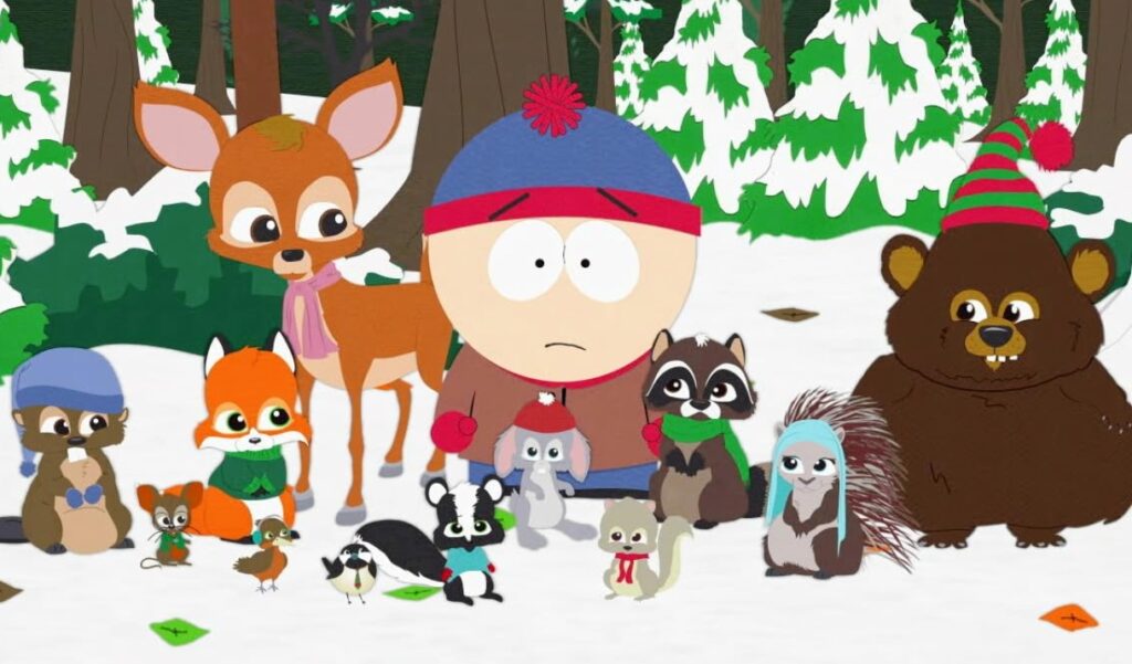 A still from South Park- Woodland Critters Christmas