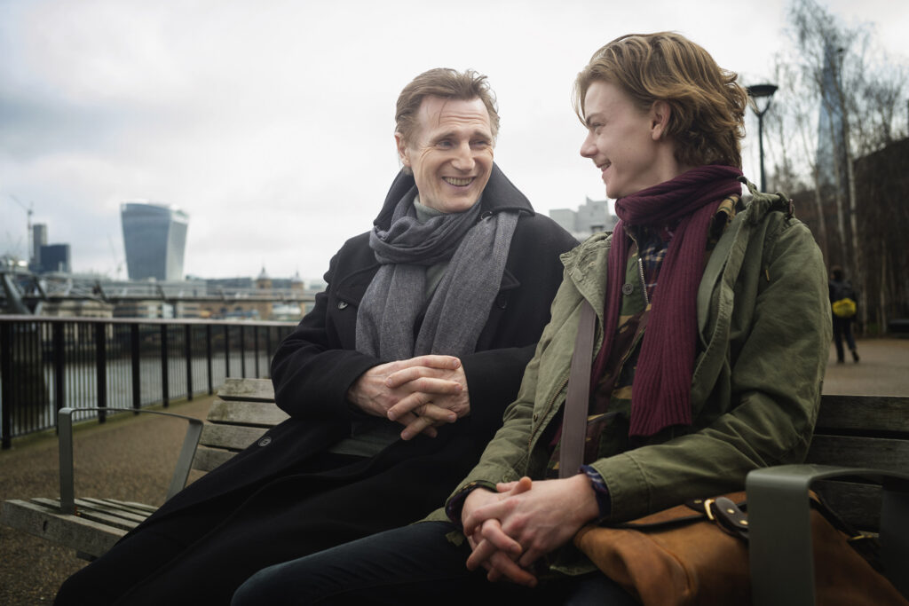 Liam Neeson OBE as Daniel and Thomas Brodie - Sangster as Sam for 'Red Nose Day Actually' on the South Bank London