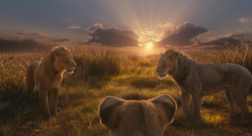 Thandiwe Newton, Kelvin Harrison Jr., and Aaron Pierre in Mufasa: The Lion King