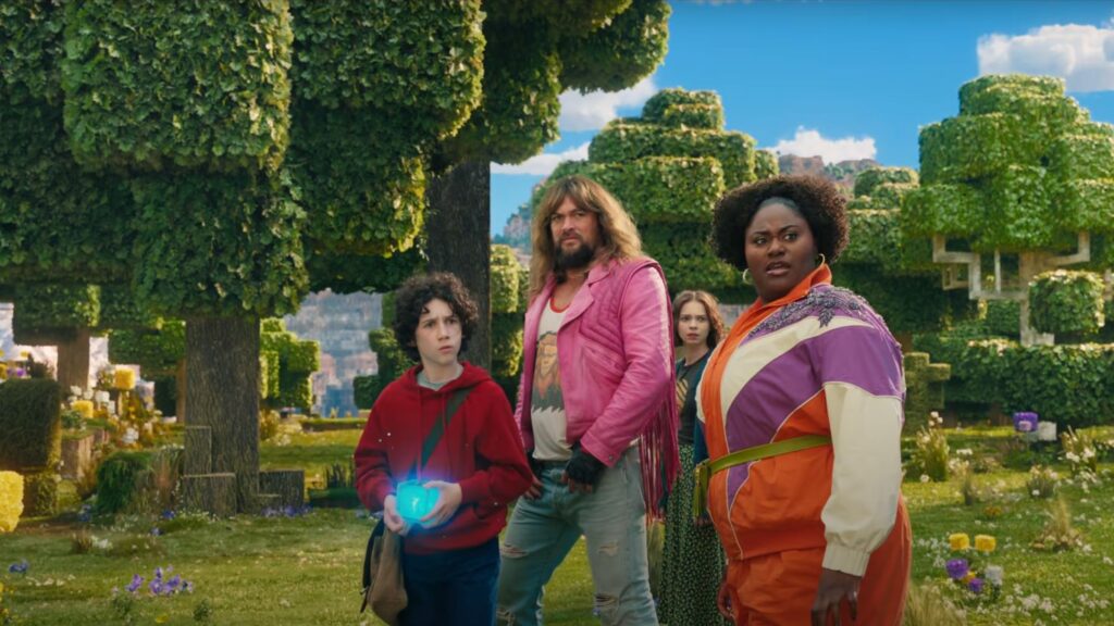 Jason Momoa, Emma Myers, Danielle Brooks, and Sebastian Hansen in A Minecraft Movie 