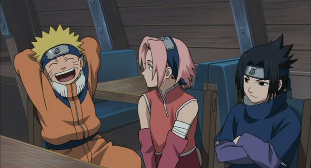 Naruto, Sakura, and Sasuke sitting and talking