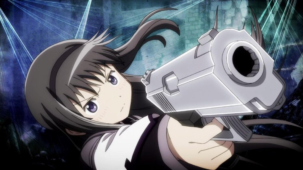 Homura using a gun