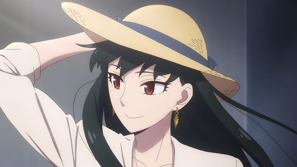 Yor holding her hat in wind