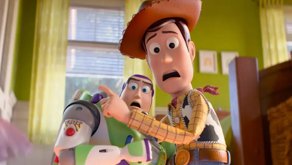 Woody and Buzz look in horror