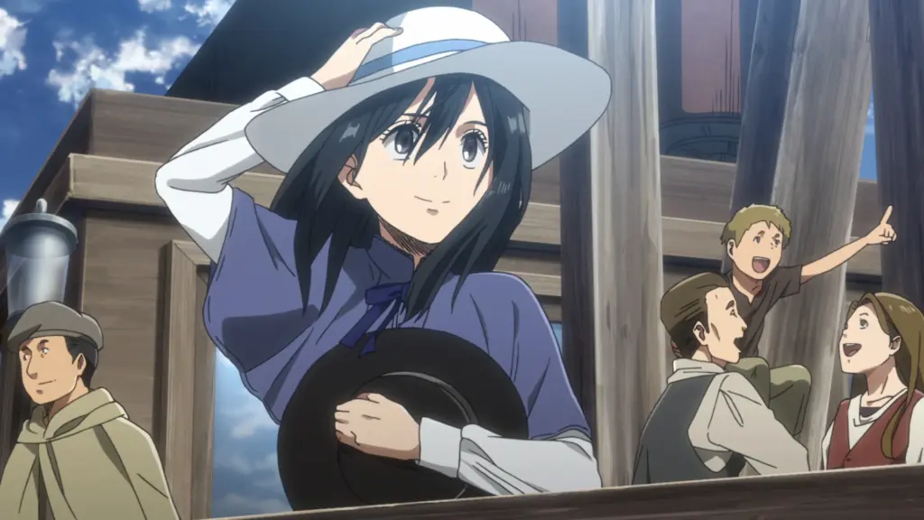 Mikasa on the boat holding her hat