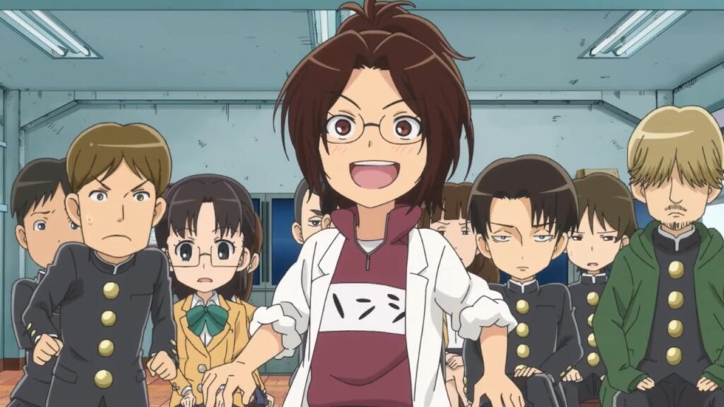 Hange as a teacher in attack on titan junior high spin off