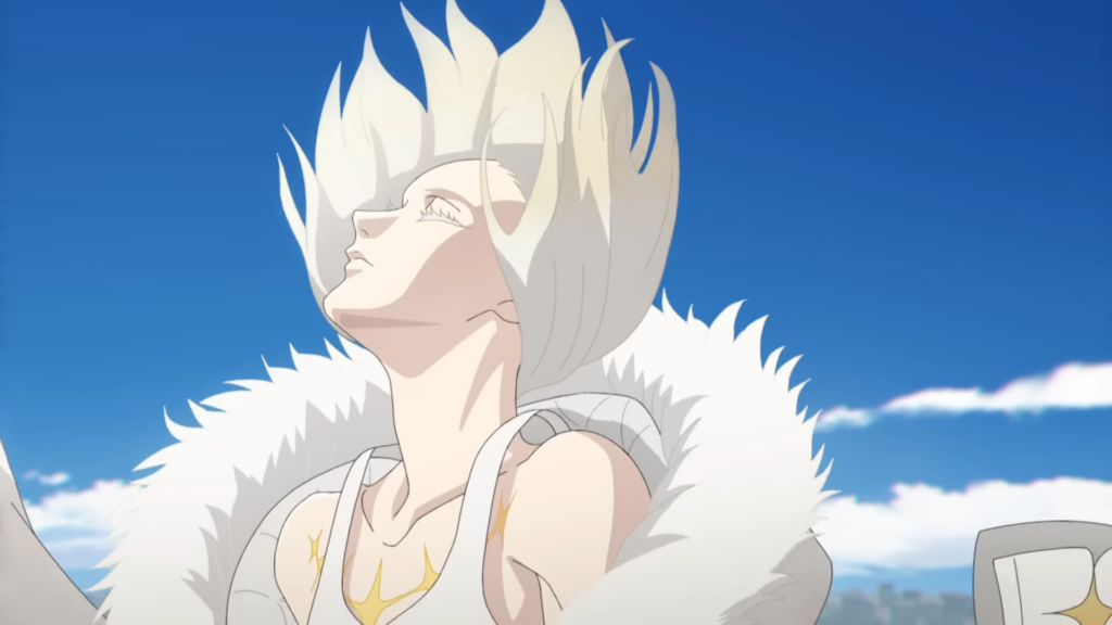 White haired character looking up in Jurassic Shadows anime