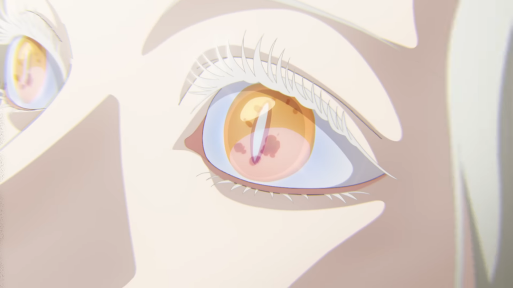 A close up of eyes in the PV of Jurassic Shadows