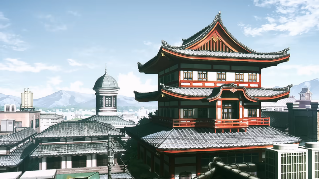 a city landscape from the kagurabachi anime
