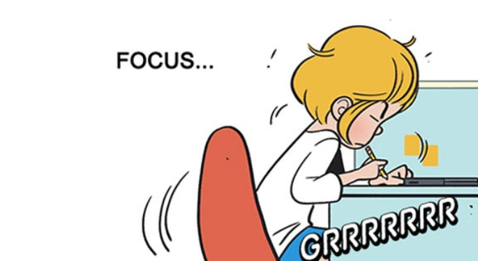 Yumi working while her stomach grumbles 