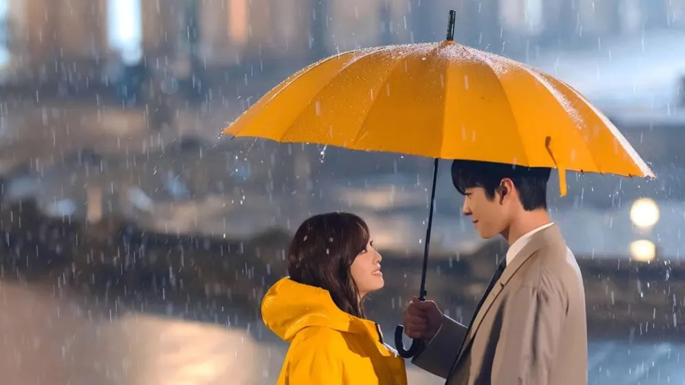 A still from business proposal with two characters looking at each other
