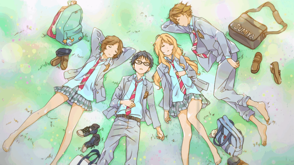 Tsubaki, Kousei, Tsubaki, and Ryouta in the opening of Your Lie in April anime 2010s