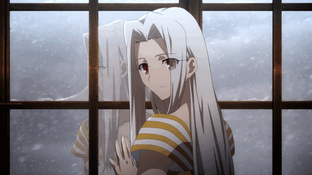 Irisviel standing by the window talking to Kiritsugu
