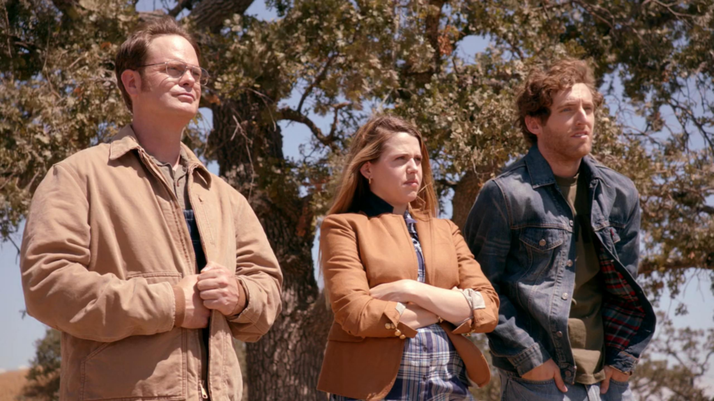 This image features Rainn Wilson and Thomas Middleditch in a scene from The Office backdoor pilot episode, "The Farm".
