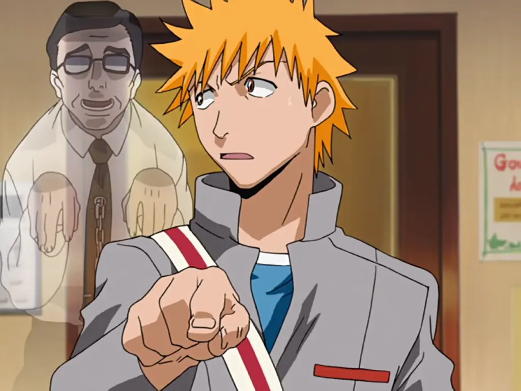 Ichigo seeing a ghost behind him in Bleach anime