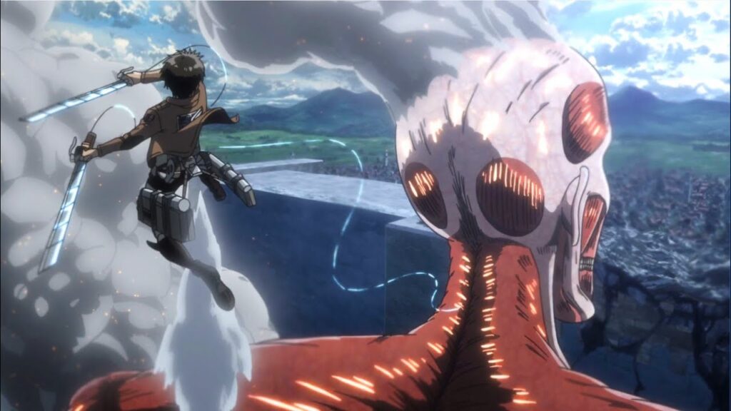 Eren behind Bertholt's titan in attack on titan anime