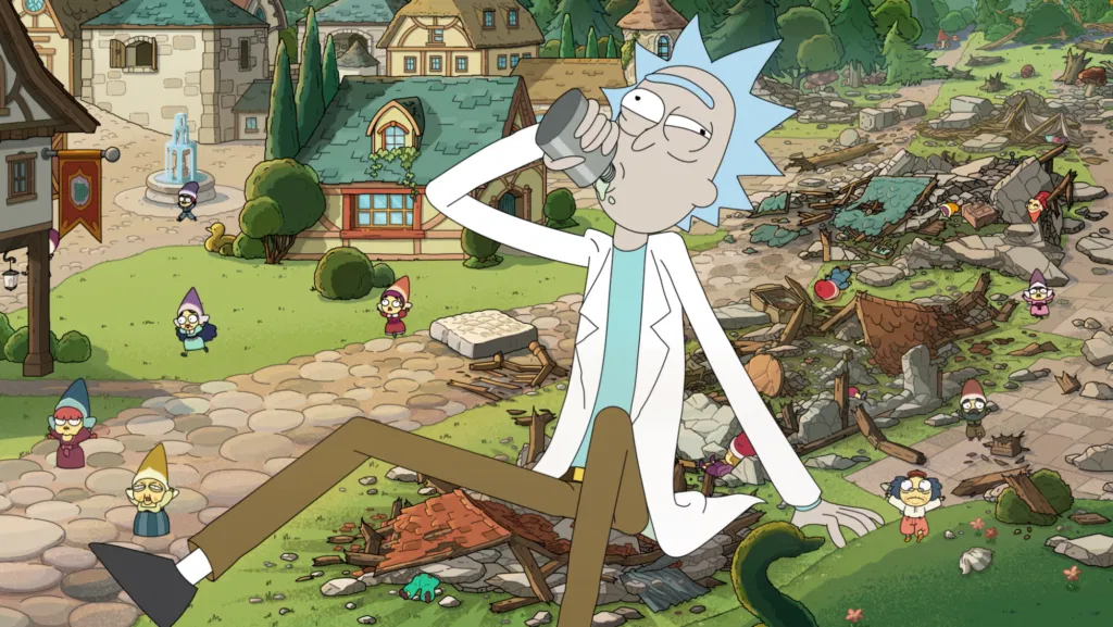 Rick drinks at a gnome society