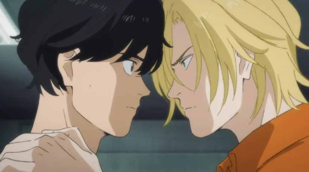Ash and Eiji touching their foreheads 