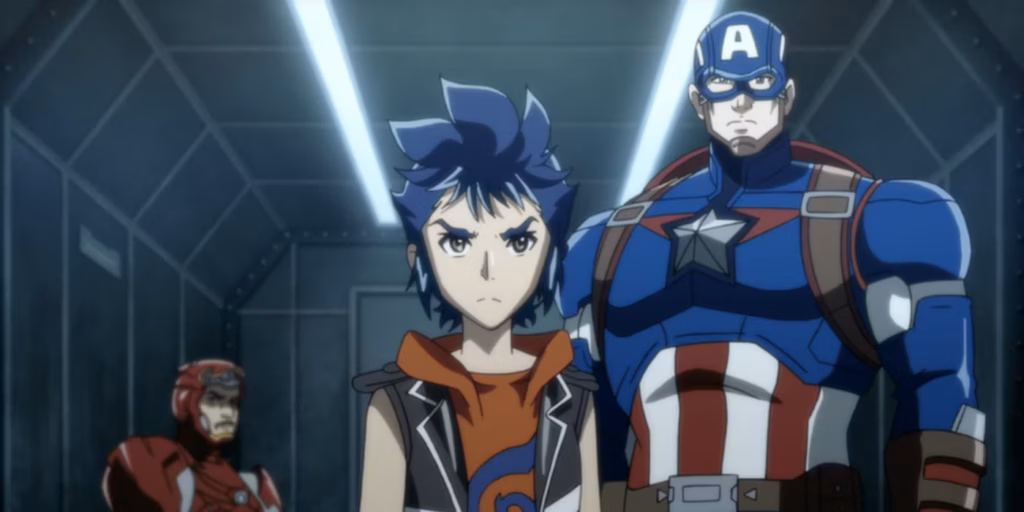 a still from Marvel Future Avengers anime featuring iron man and captain america